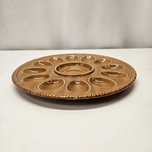 Vintage Retro Glazed Pottery Hazel Brown Deviled Egg Serving Platter - Picture 3 of 8